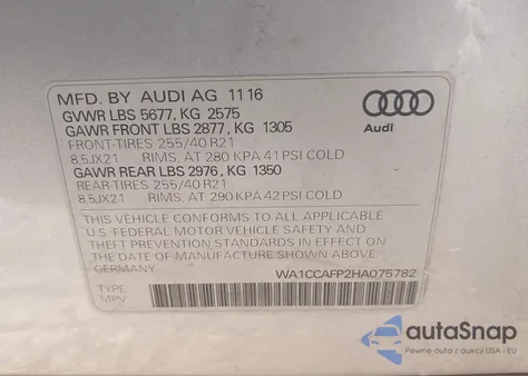 2017 Audi Sq5 3.0T Premium Plus z USA, uszkodzony, nr VIN WA1CCAFP2HA075782